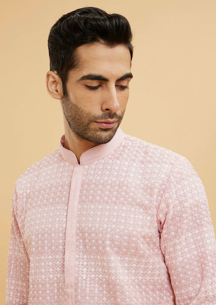 Twamev Men Millennial Pink Chikankari Grid Patterned Kurta Set