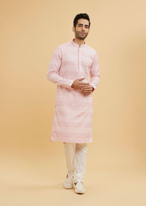 Twamev Men Millennial Pink Chikankari Grid Patterned Kurta Set