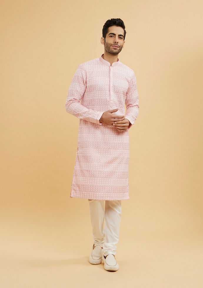 Twamev Men Millennial Pink Chikankari Grid Patterned Kurta Set