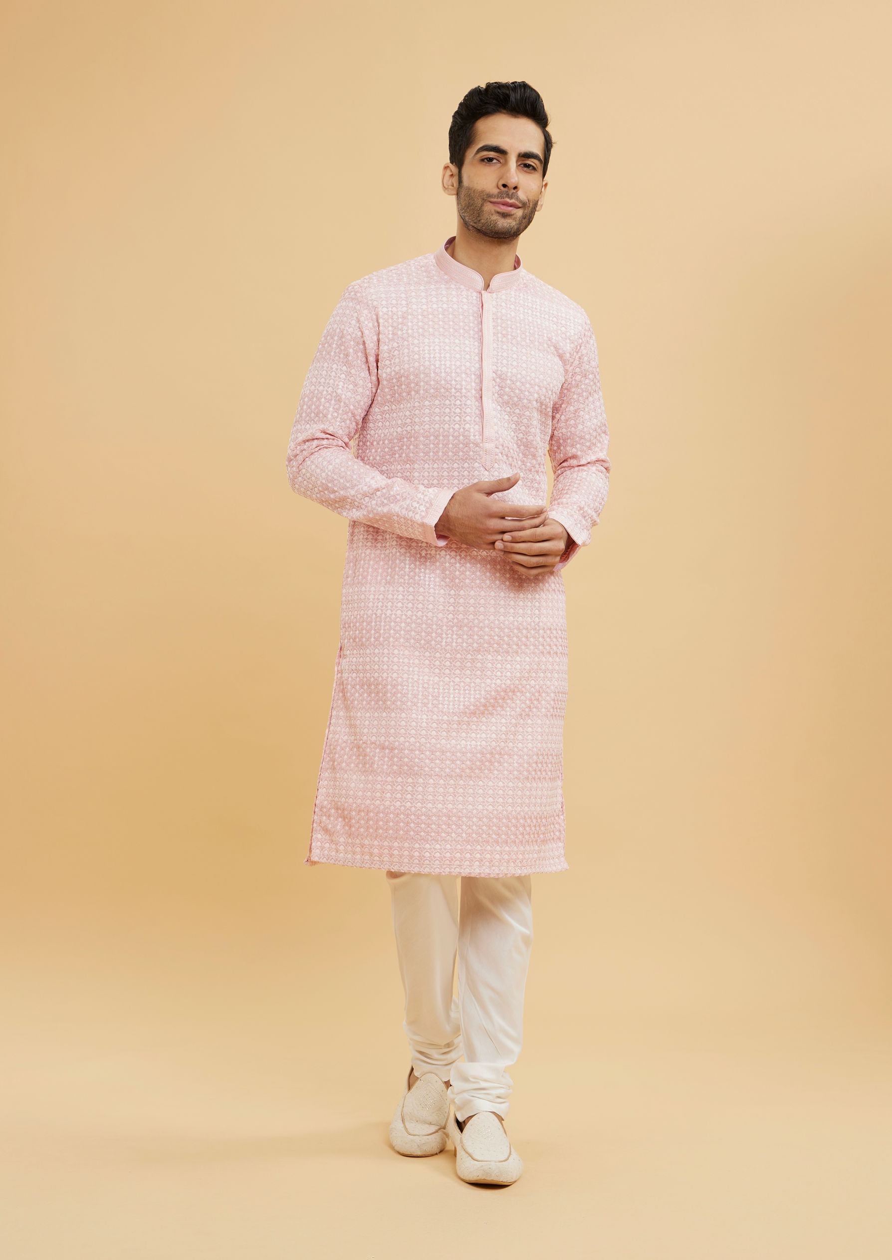 Twamev Men Millennial Pink Chikankari Grid Patterned Kurta Set