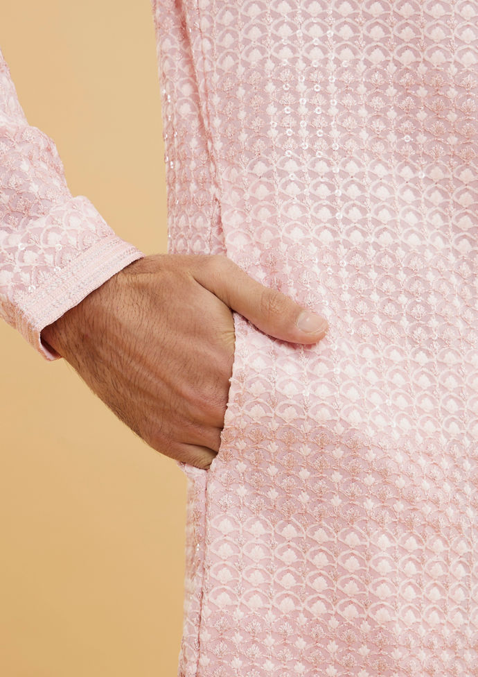 Twamev Men Millennial Pink Chikankari Grid Patterned Kurta Set