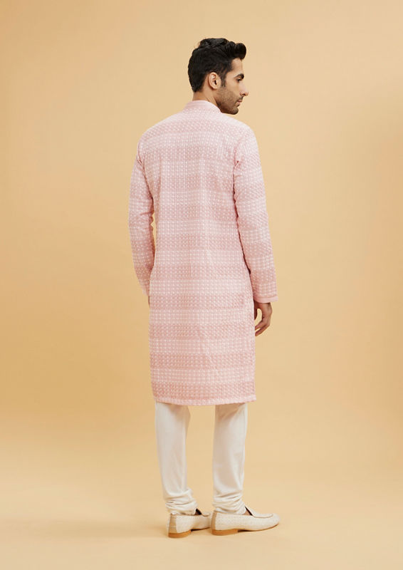 Twamev Men Millennial Pink Chikankari Grid Patterned Kurta Set