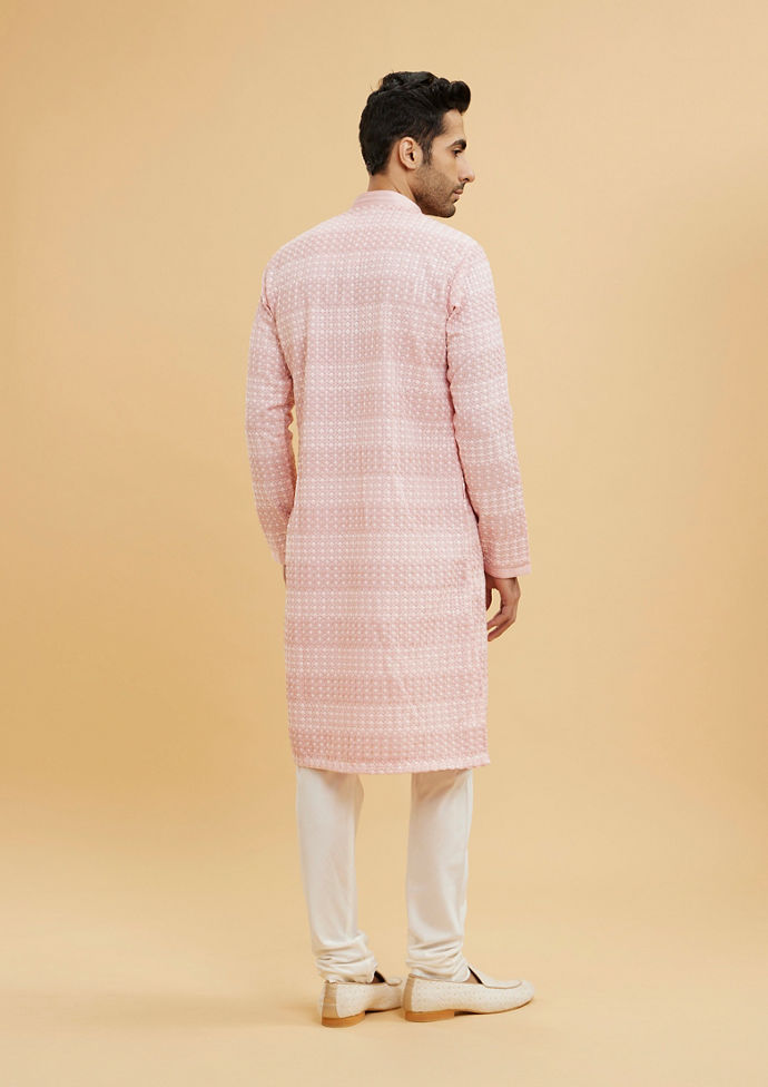 Twamev Men Millennial Pink Chikankari Grid Patterned Kurta Set