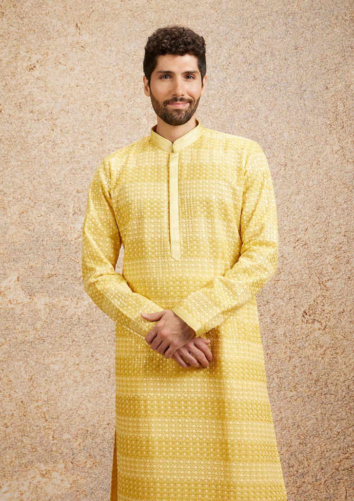 Twamev Men Sparkling Yellow Georgette Kurta Pajama image number 0