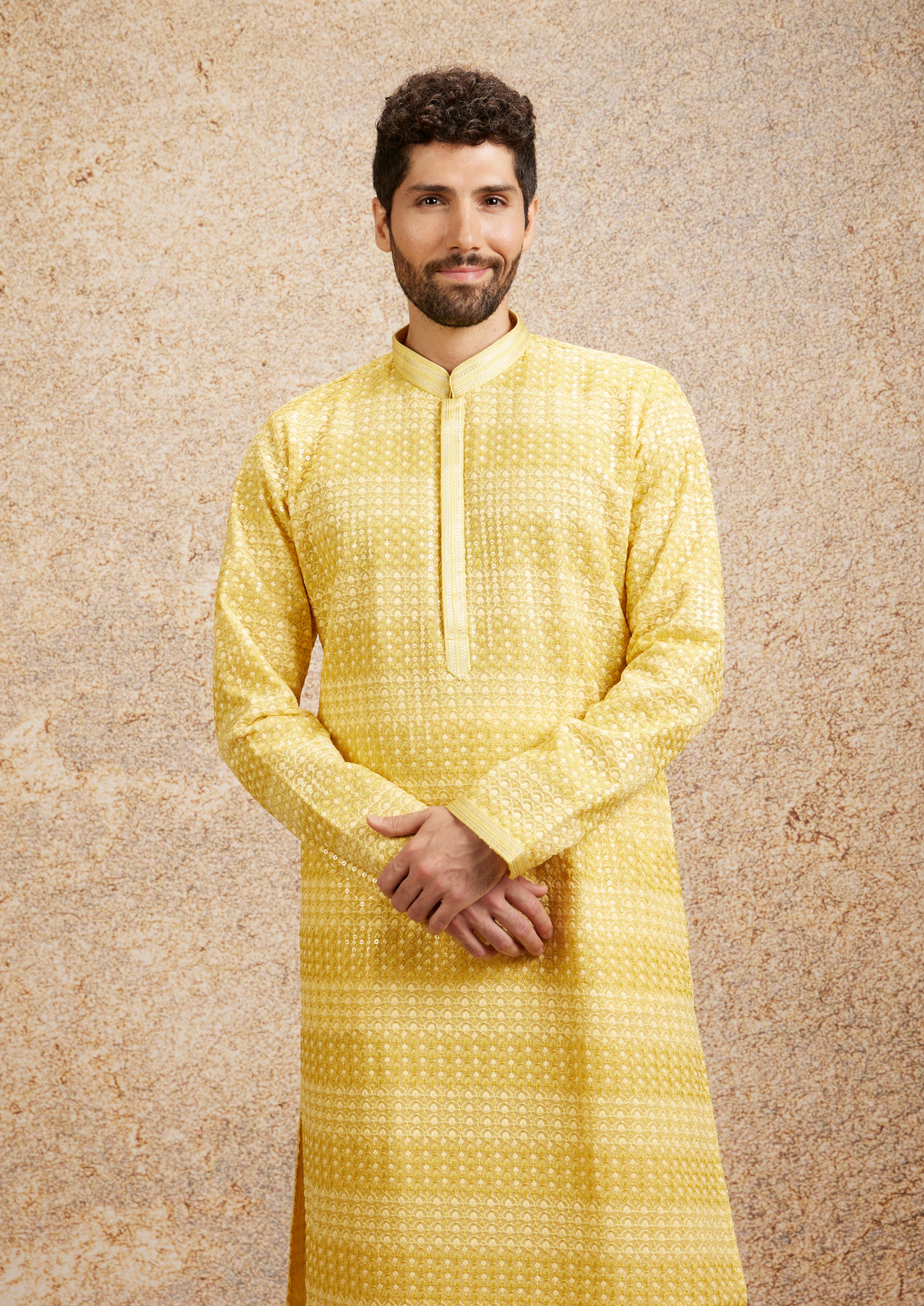 Twamev Men Sparkling Yellow Georgette Kurta Pajama