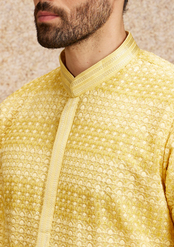 Twamev Men Sparkling Yellow Georgette Kurta Pajama
