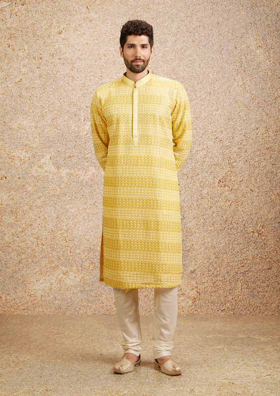 Twamev Men Sparkling Yellow Georgette Kurta Pajama image number 2