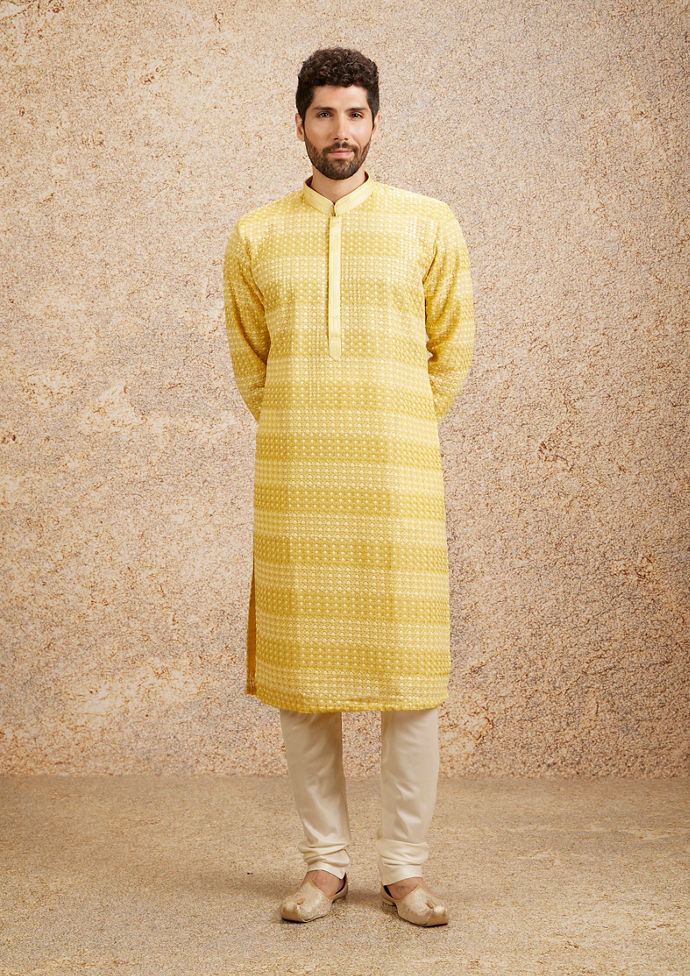 Twamev Men Sparkling Yellow Georgette Kurta Pajama image number 2