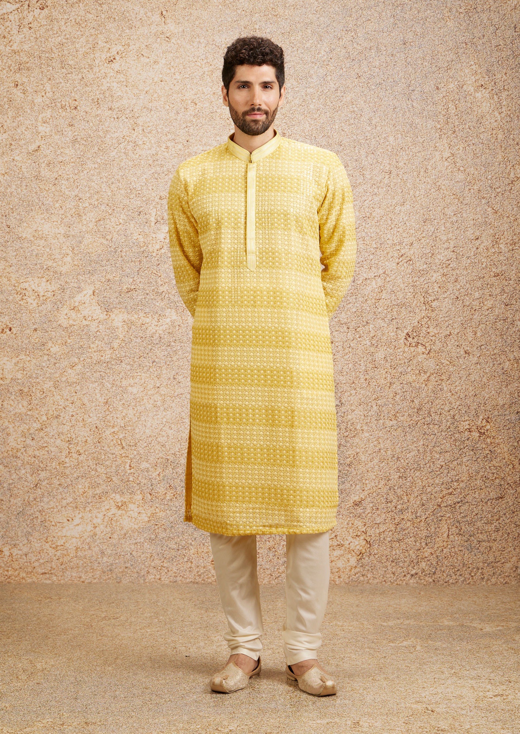Twamev Men Sparkling Yellow Georgette Kurta Pajama