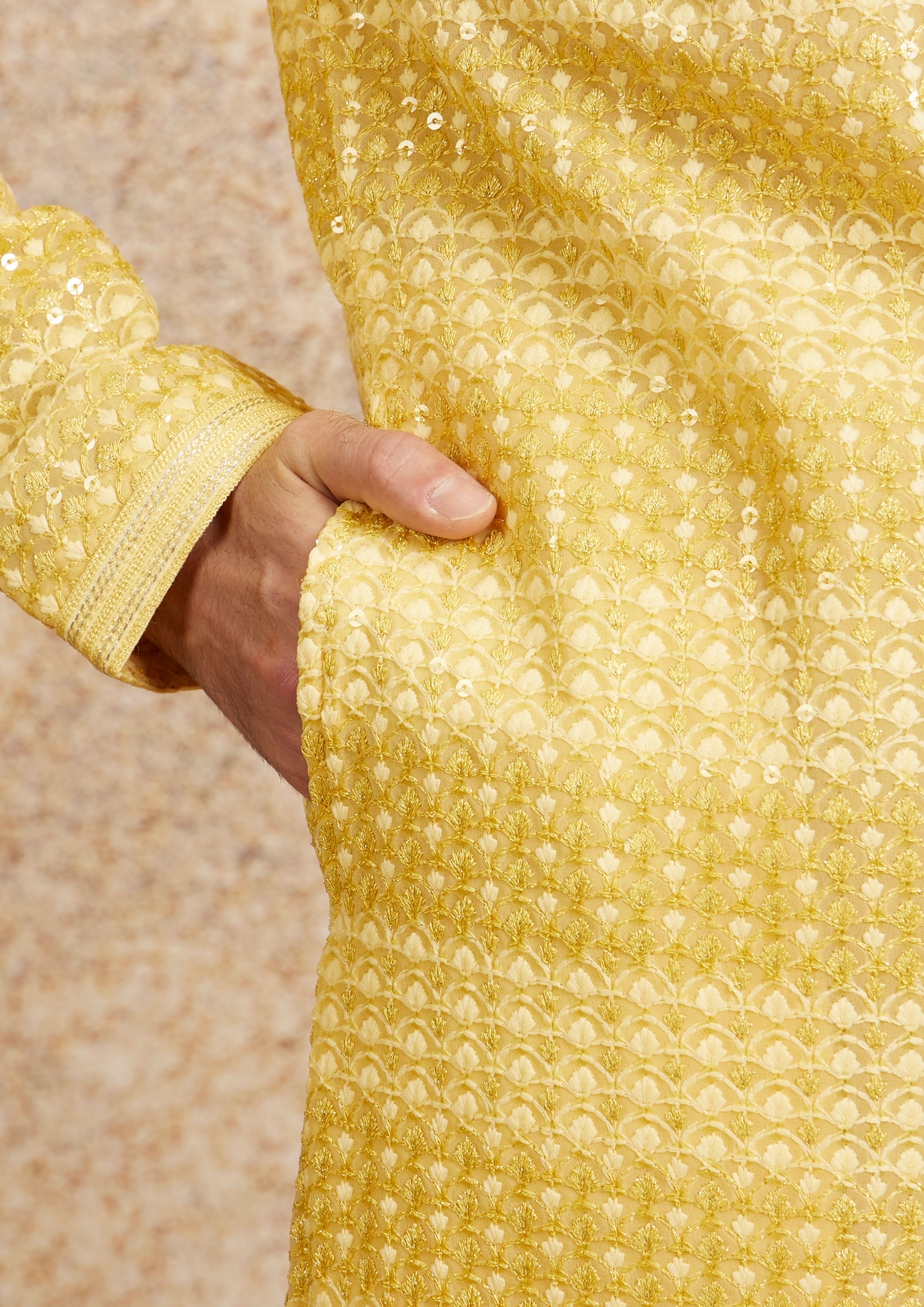 Twamev Men Sparkling Yellow Georgette Kurta Pajama image number 3