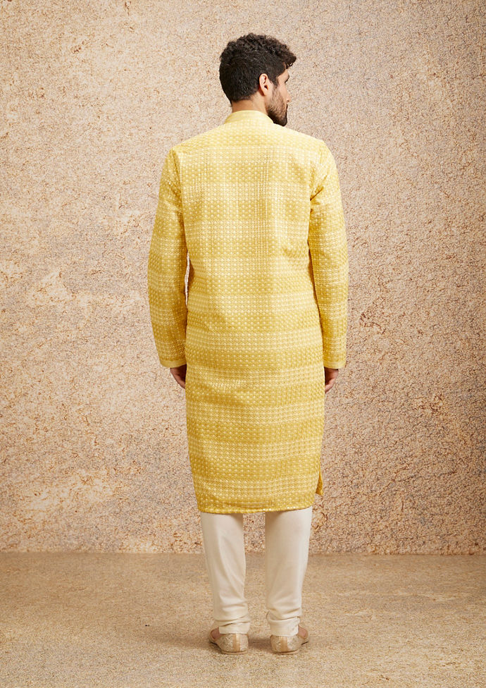 Twamev Men Sparkling Yellow Georgette Kurta Pajama image number 4