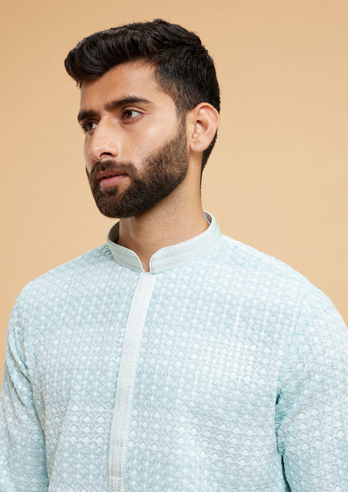 Twamev Men Aqua Green Georgette Embroidered Kurta Set
