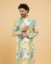 Twamev Men Turquoise Blue Yellow Kurta Pajama