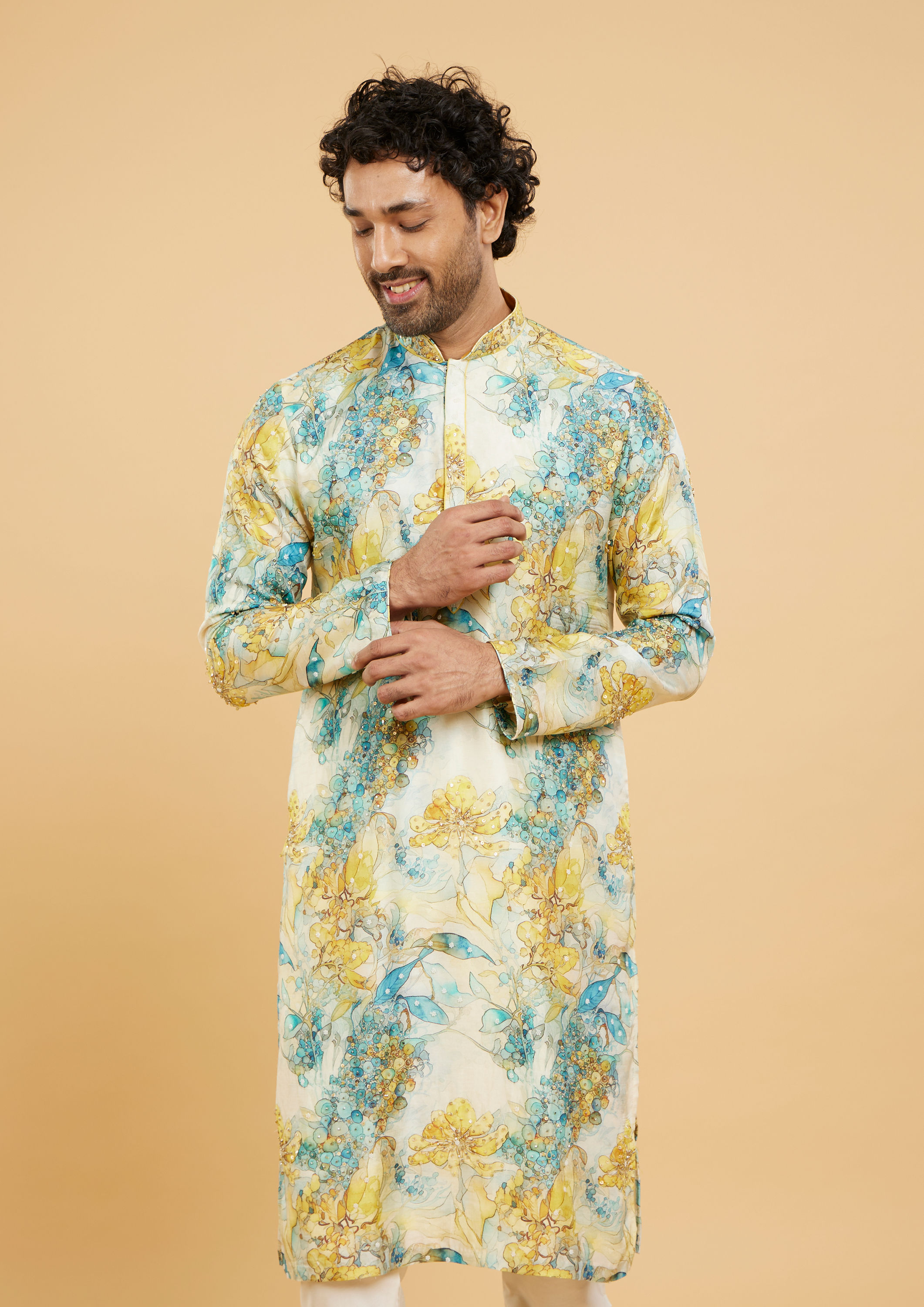 Twamev Men Turquoise Blue Yellow Kurta Pajama