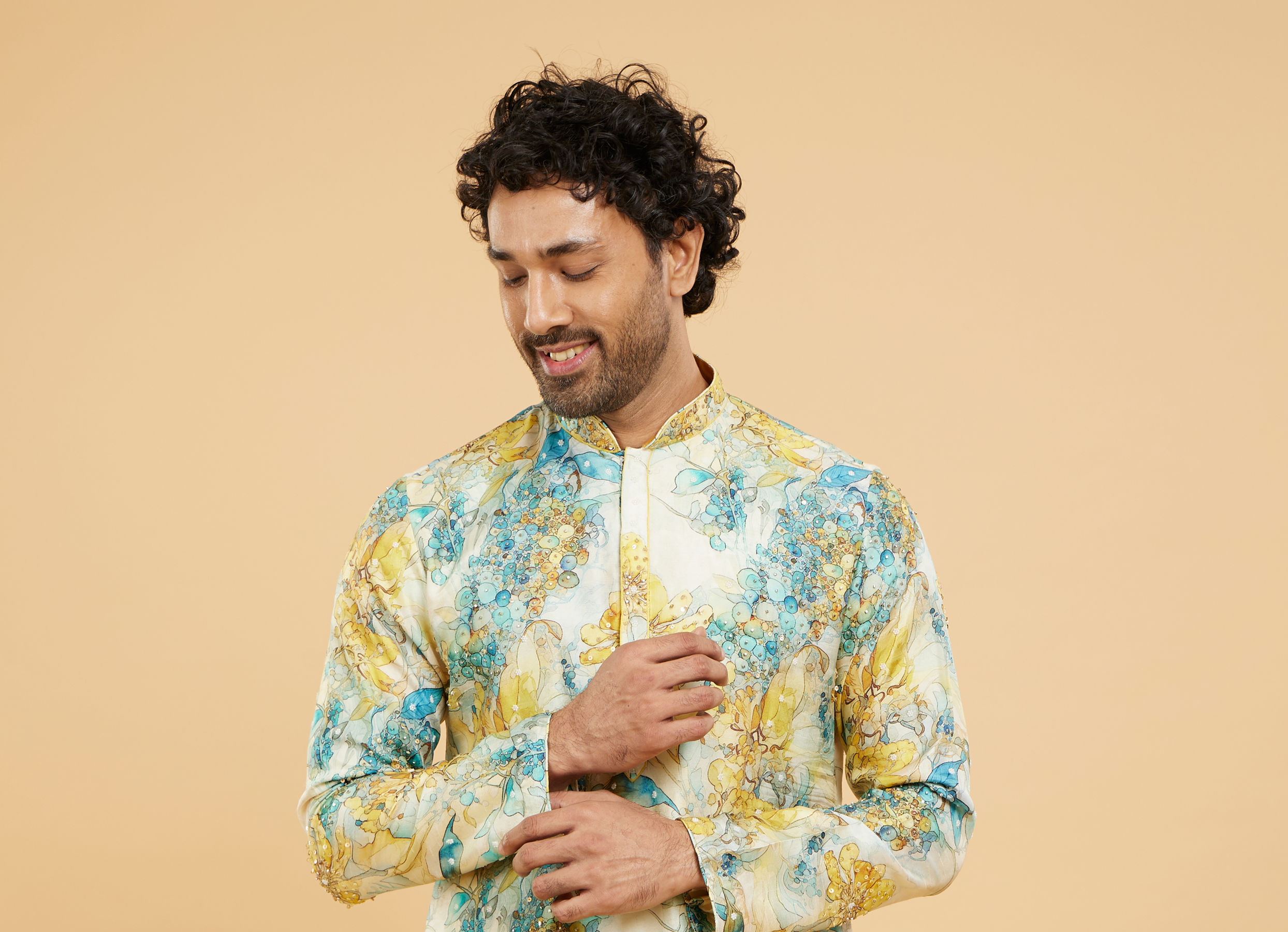 Twamev Men Turquoise Blue Yellow Kurta Pajama