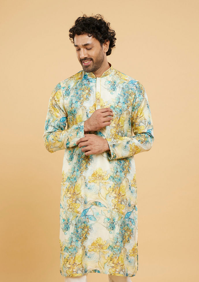 Twamev Men Turquoise Blue Yellow Kurta Pajama