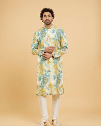 Twamev Men Turquoise Blue Yellow Kurta Pajama