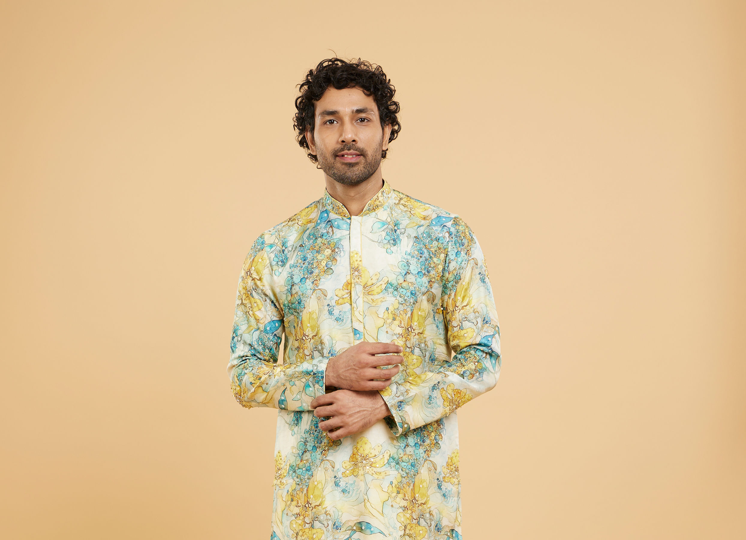 Twamev Men Turquoise Blue Yellow Kurta Pajama