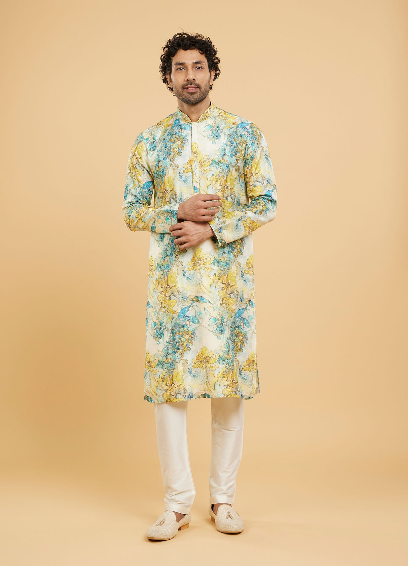 Twamev Men Turquoise Blue Yellow Kurta Pajama
