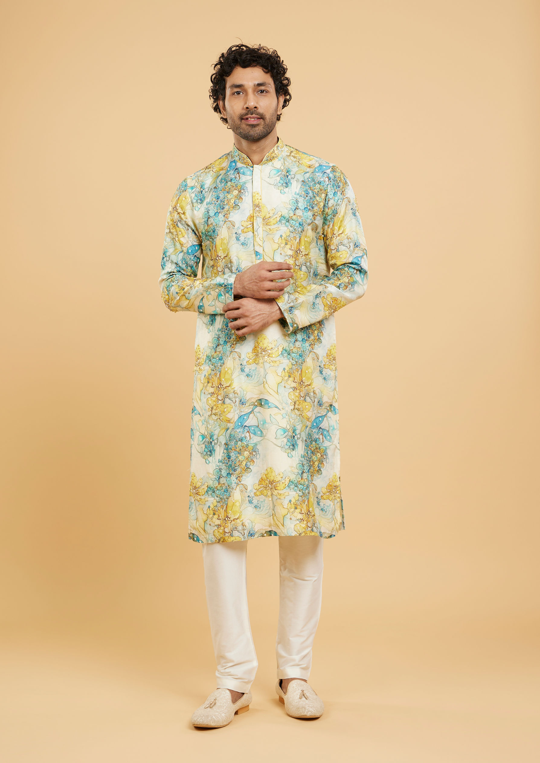 Twamev Men Turquoise Blue Yellow Kurta Pajama