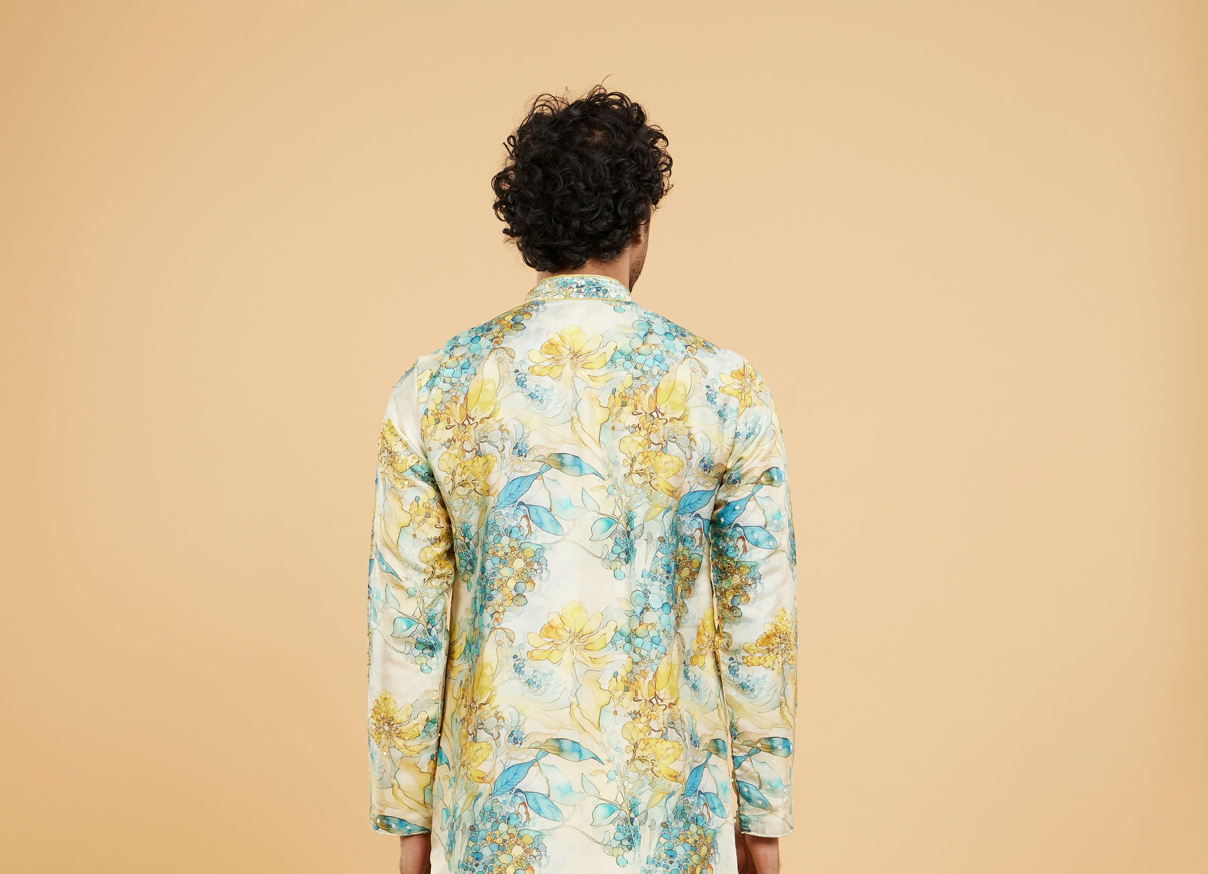 Twamev Men Turquoise Blue Yellow Kurta Pajama