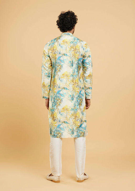 Twamev Men Turquoise Blue Yellow Kurta Pajama