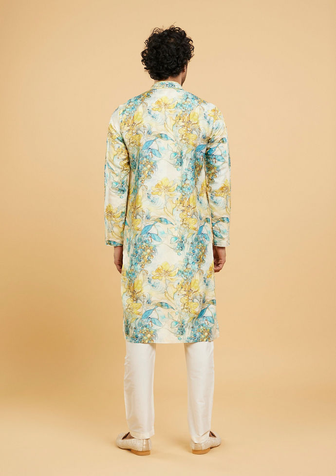 Twamev Men Turquoise Blue Yellow Kurta Pajama