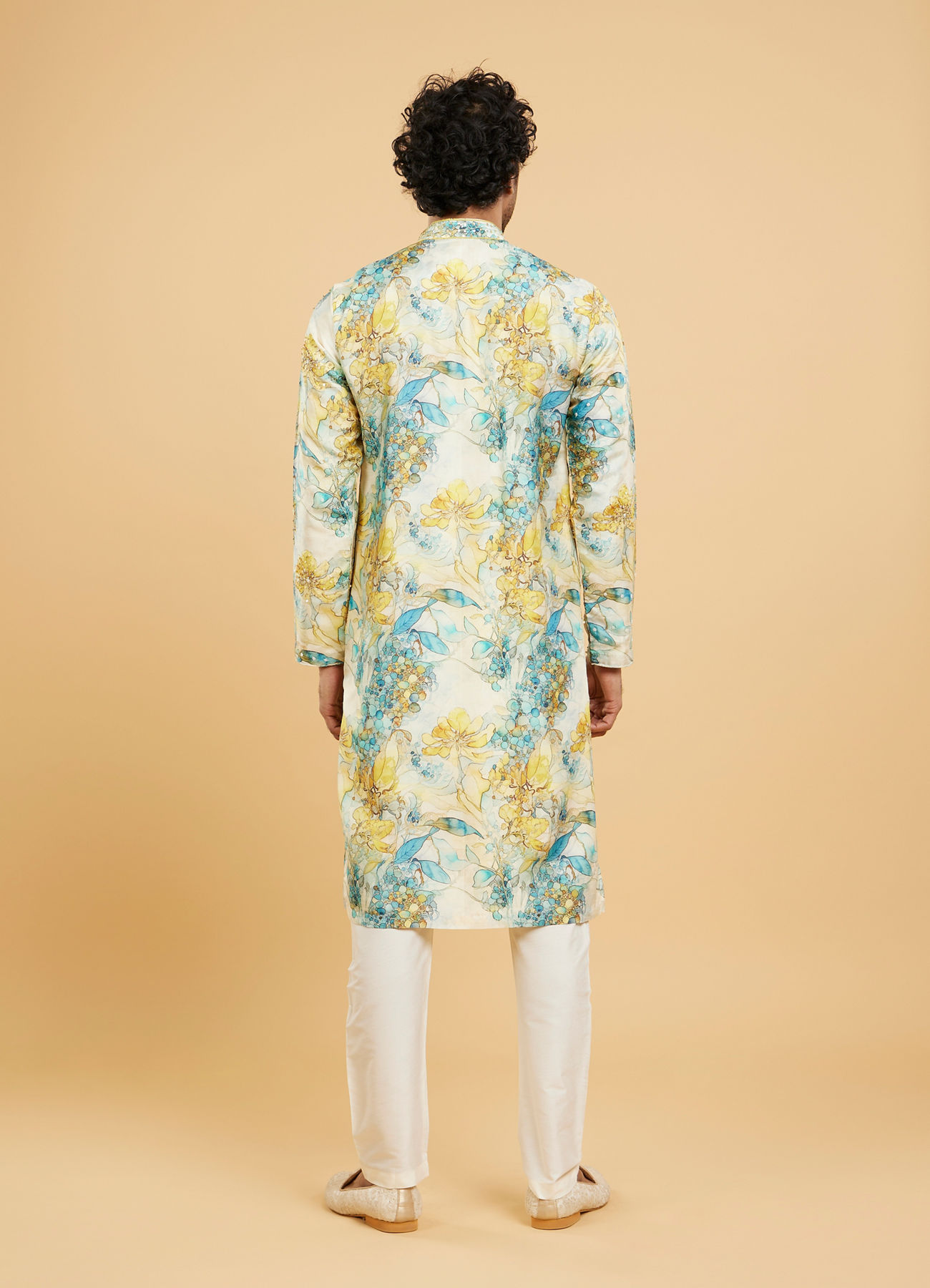 Twamev Men Turquoise Blue Yellow Kurta Pajama
