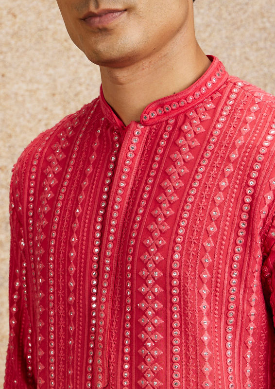 alt message - Twamev Men Ravishing Pink Georgette Kurta Pajama image number 1