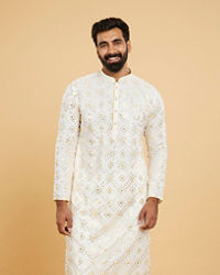 Twamev Men Ethereal Cream and Yellow Organza Kurta Pajama