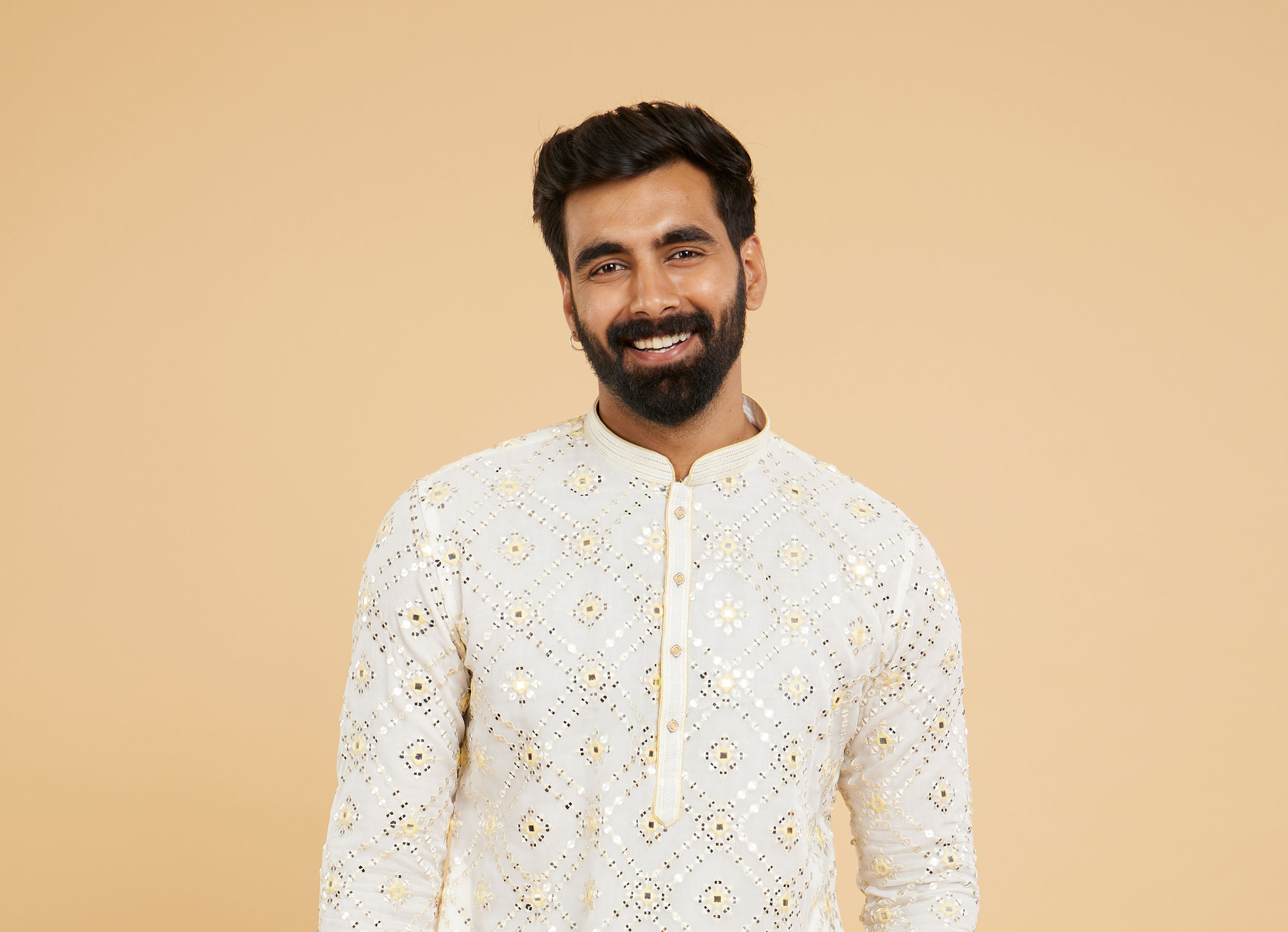 Twamev Men Ethereal Cream and Yellow Organza Kurta Pajama