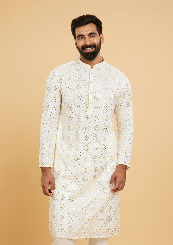 Twamev Men Ethereal Cream and Yellow Organza Kurta Pajama