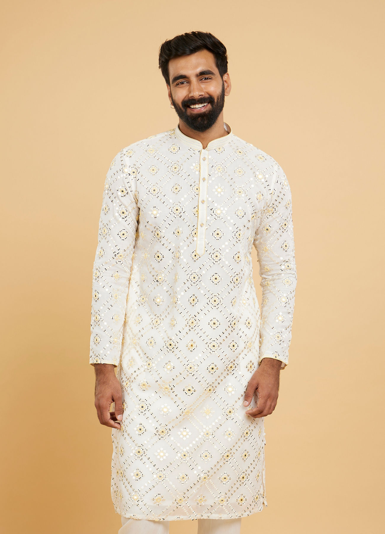 Twamev Men Ethereal Cream and Yellow Organza Kurta Pajama