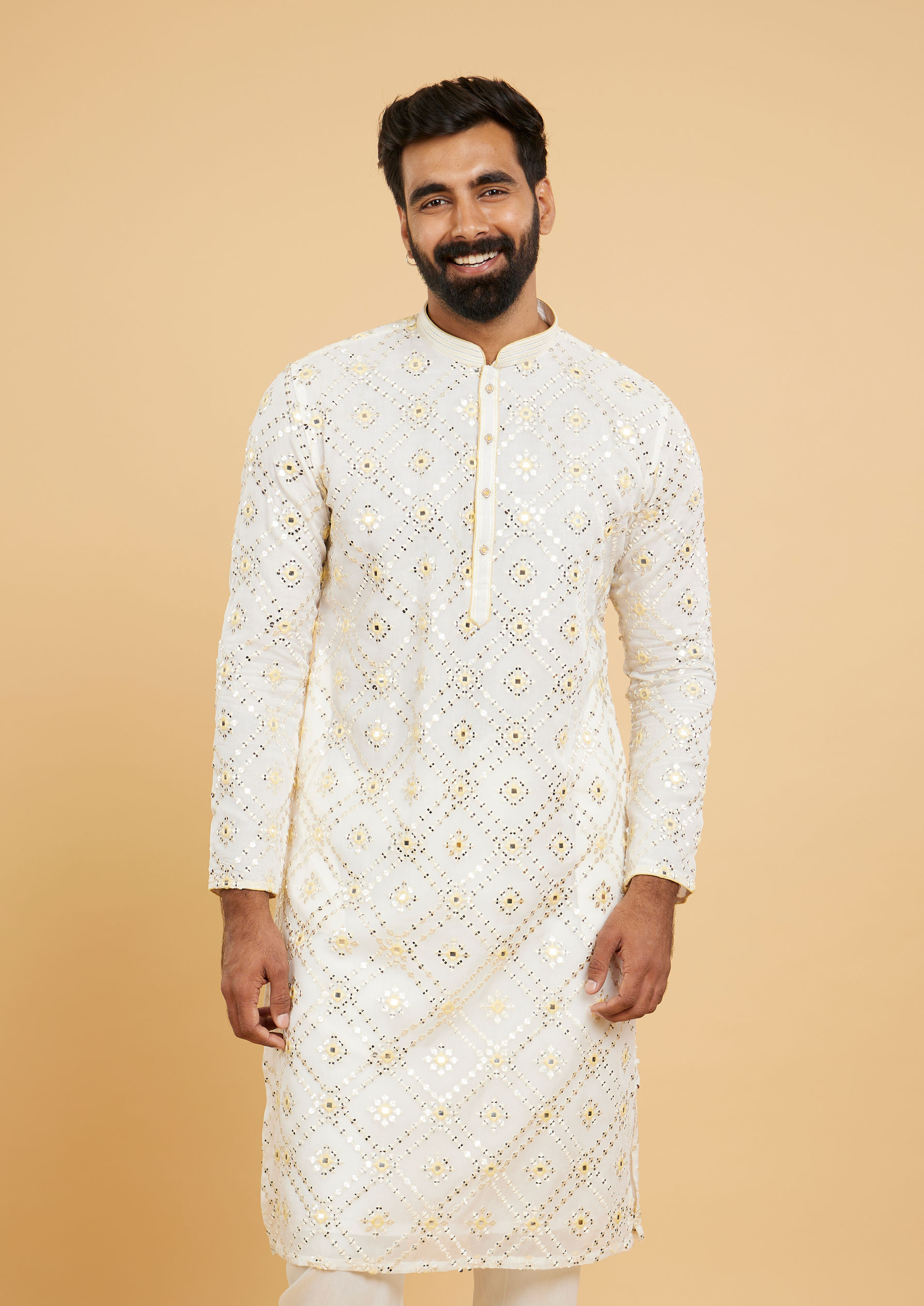 Twamev Men Ethereal Cream and Yellow Organza Kurta Pajama