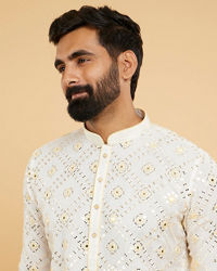 Twamev Men Ethereal Cream and Yellow Organza Kurta Pajama