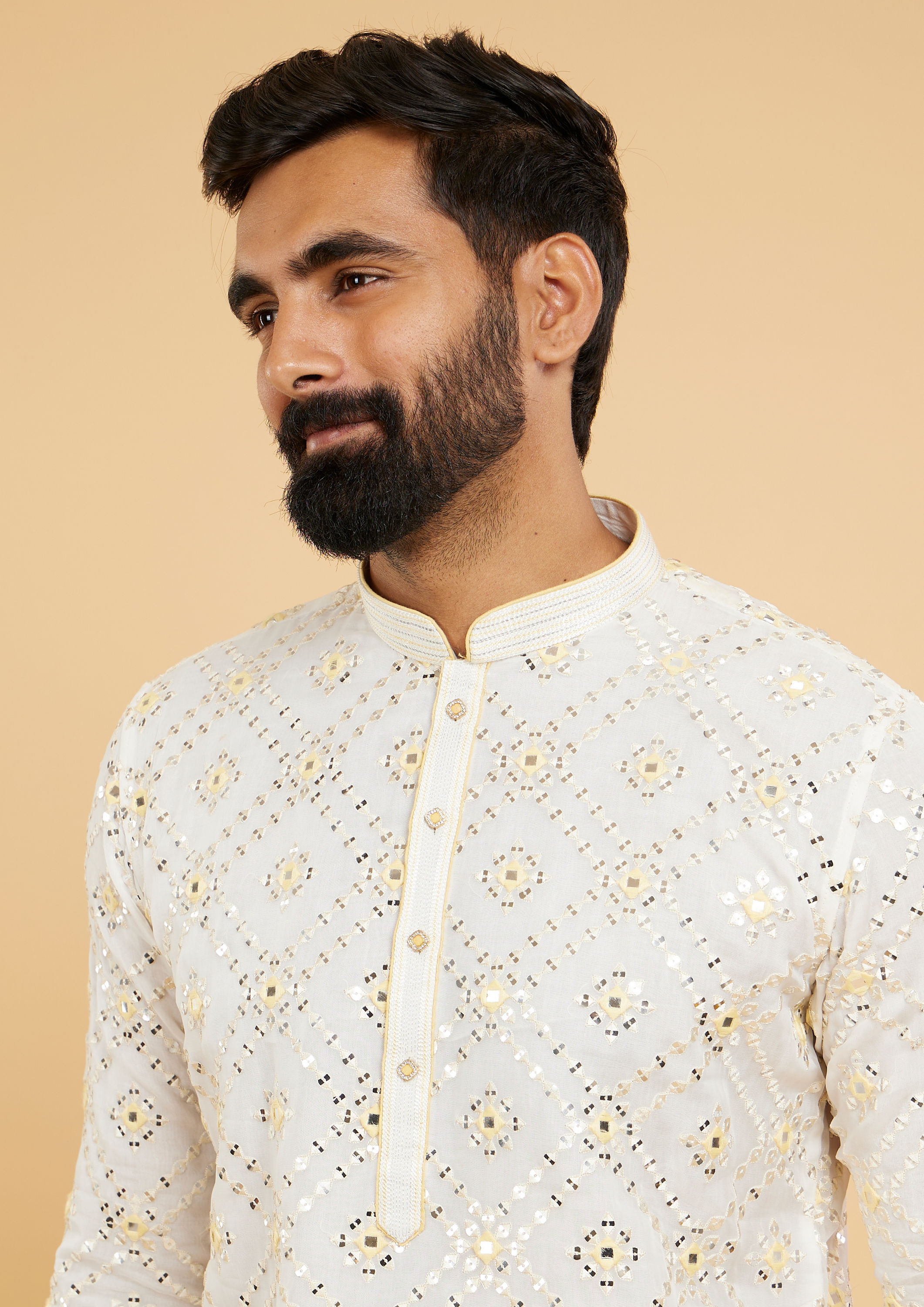 Twamev Men Ethereal Cream and Yellow Organza Kurta Pajama