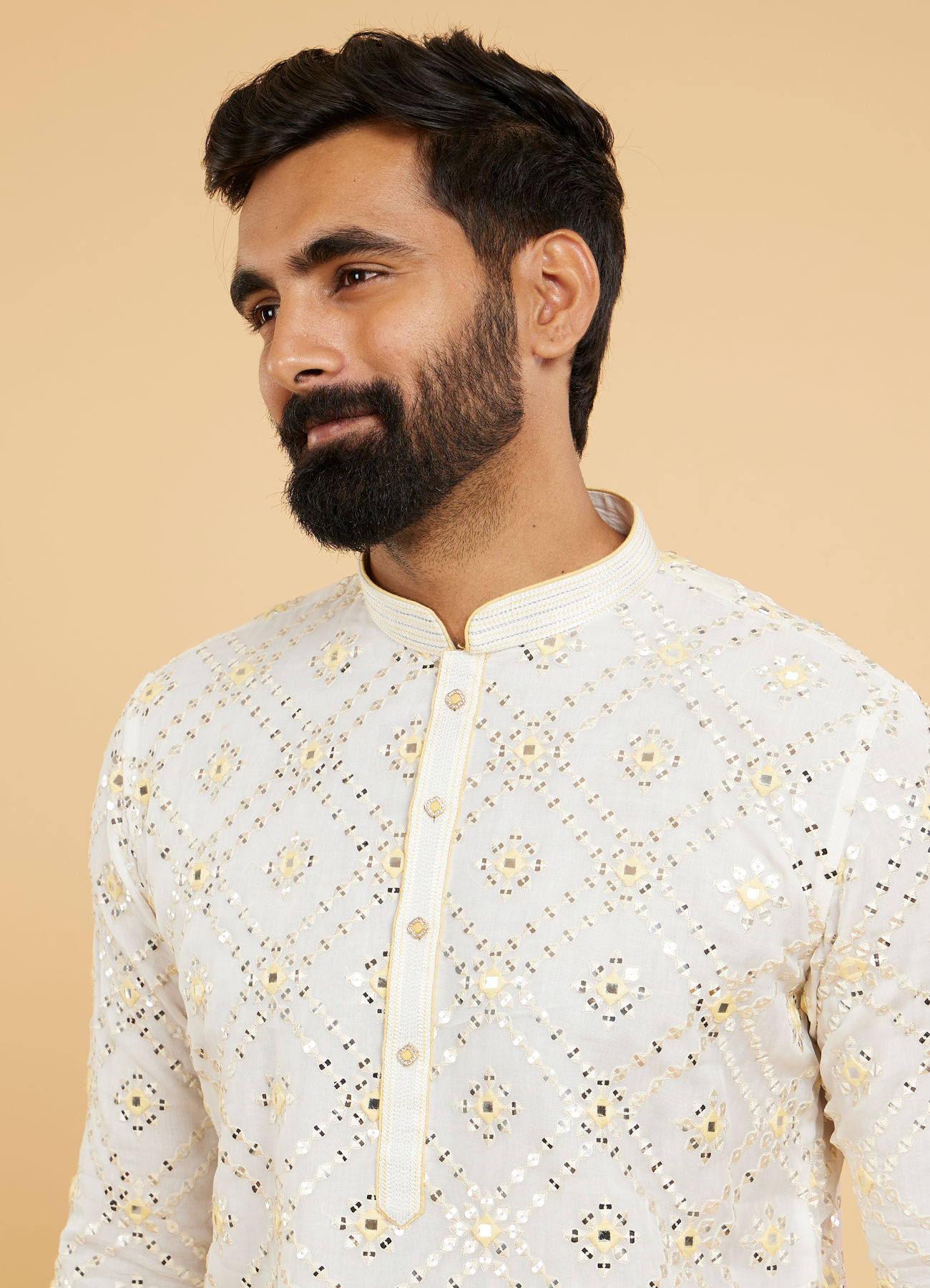 Twamev Men Ethereal Cream and Yellow Organza Kurta Pajama