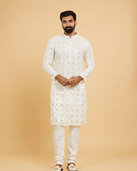 Twamev Men Ethereal Cream and Yellow Organza Kurta Pajama