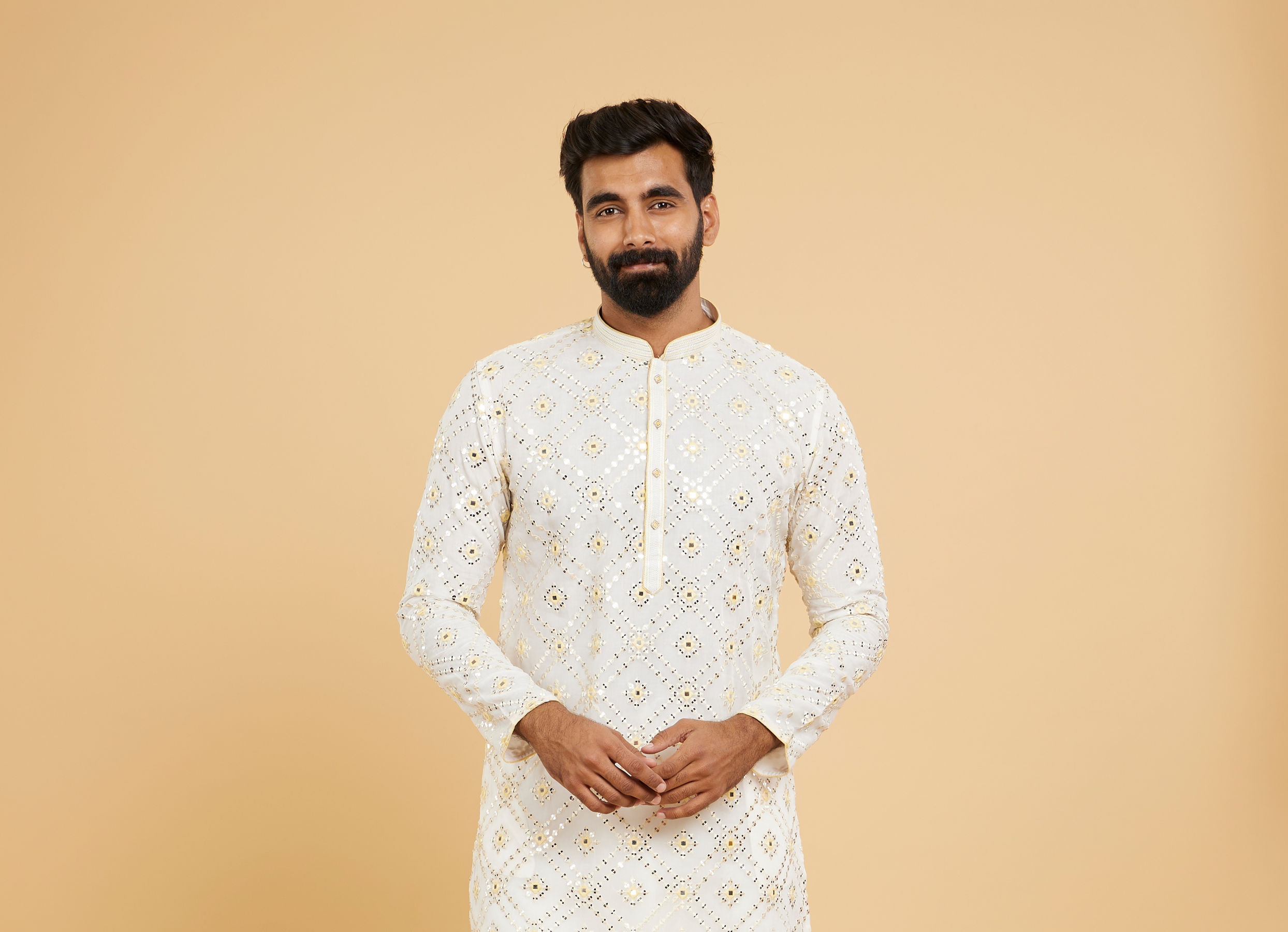 Twamev Men Ethereal Cream and Yellow Organza Kurta Pajama