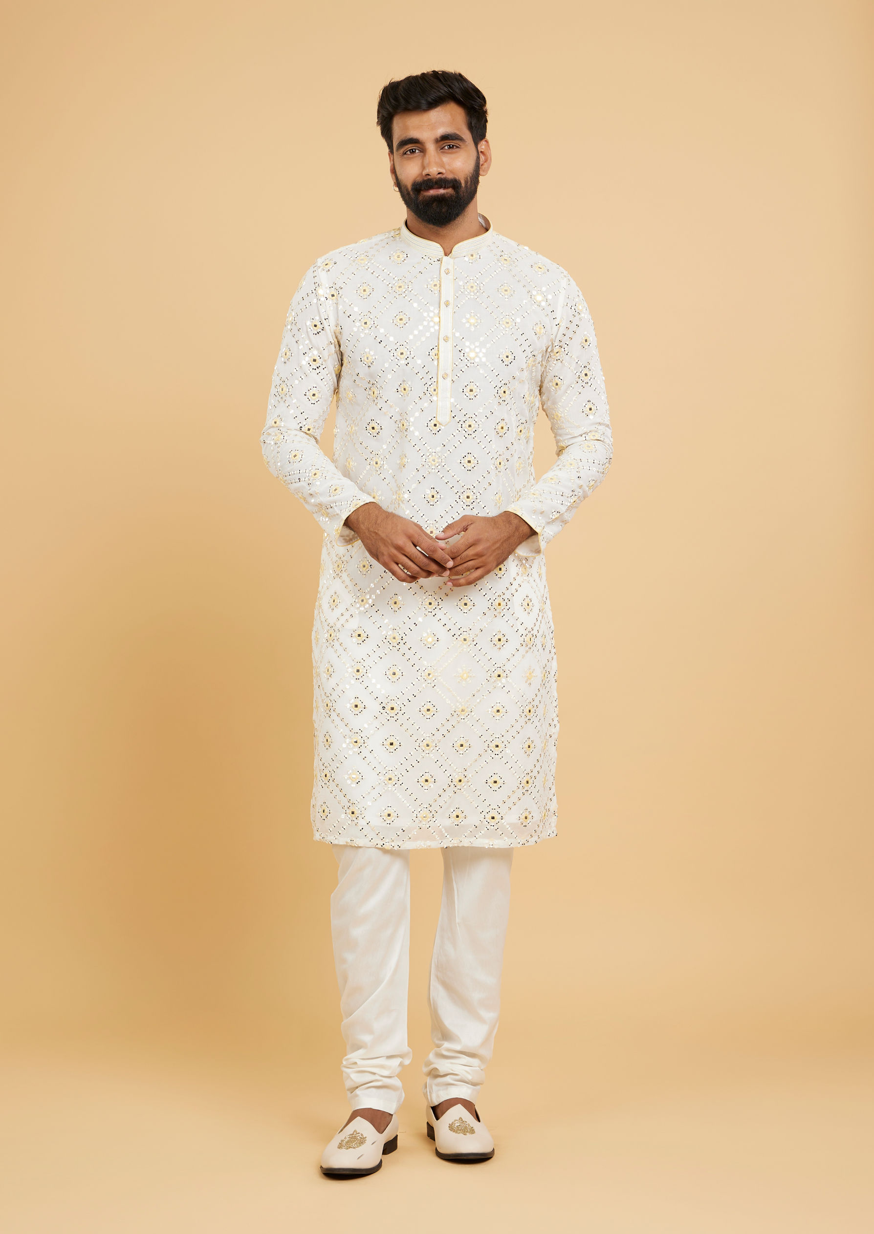 Twamev Men Ethereal Cream and Yellow Organza Kurta Pajama