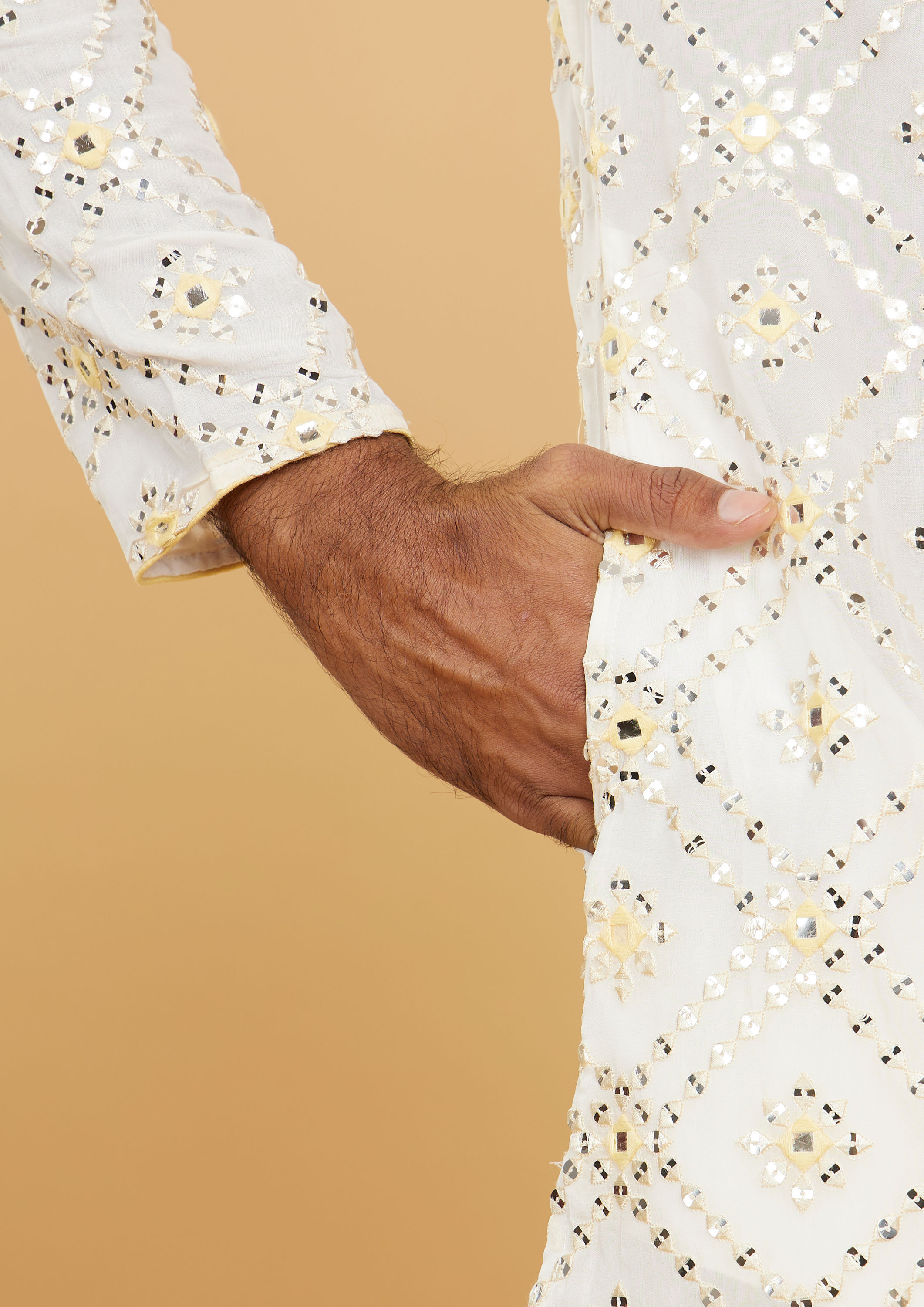 Twamev Men Ethereal Cream and Yellow Organza Kurta Pajama