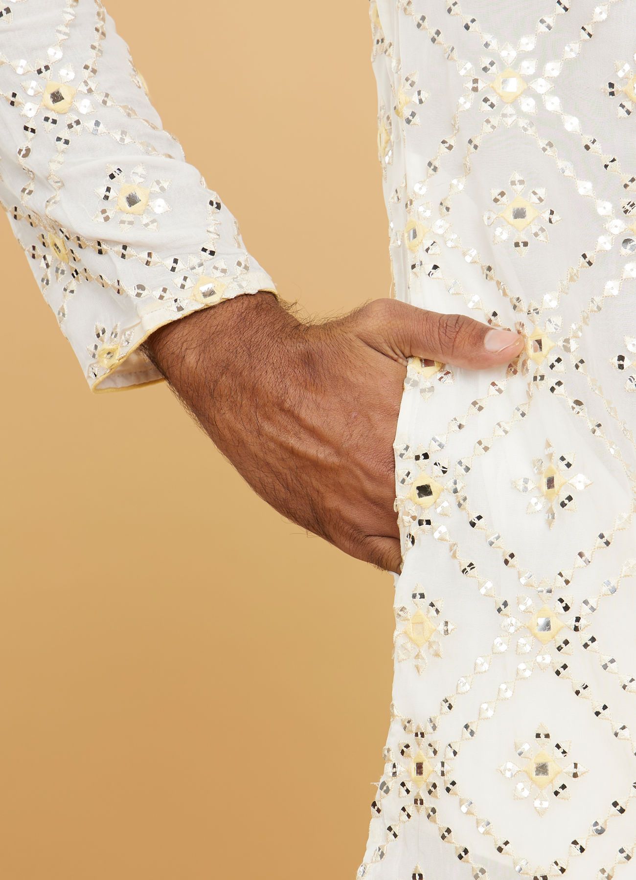 Twamev Men Ethereal Cream and Yellow Organza Kurta Pajama