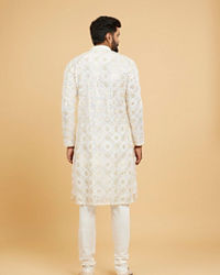 Twamev Men Ethereal Cream and Yellow Organza Kurta Pajama