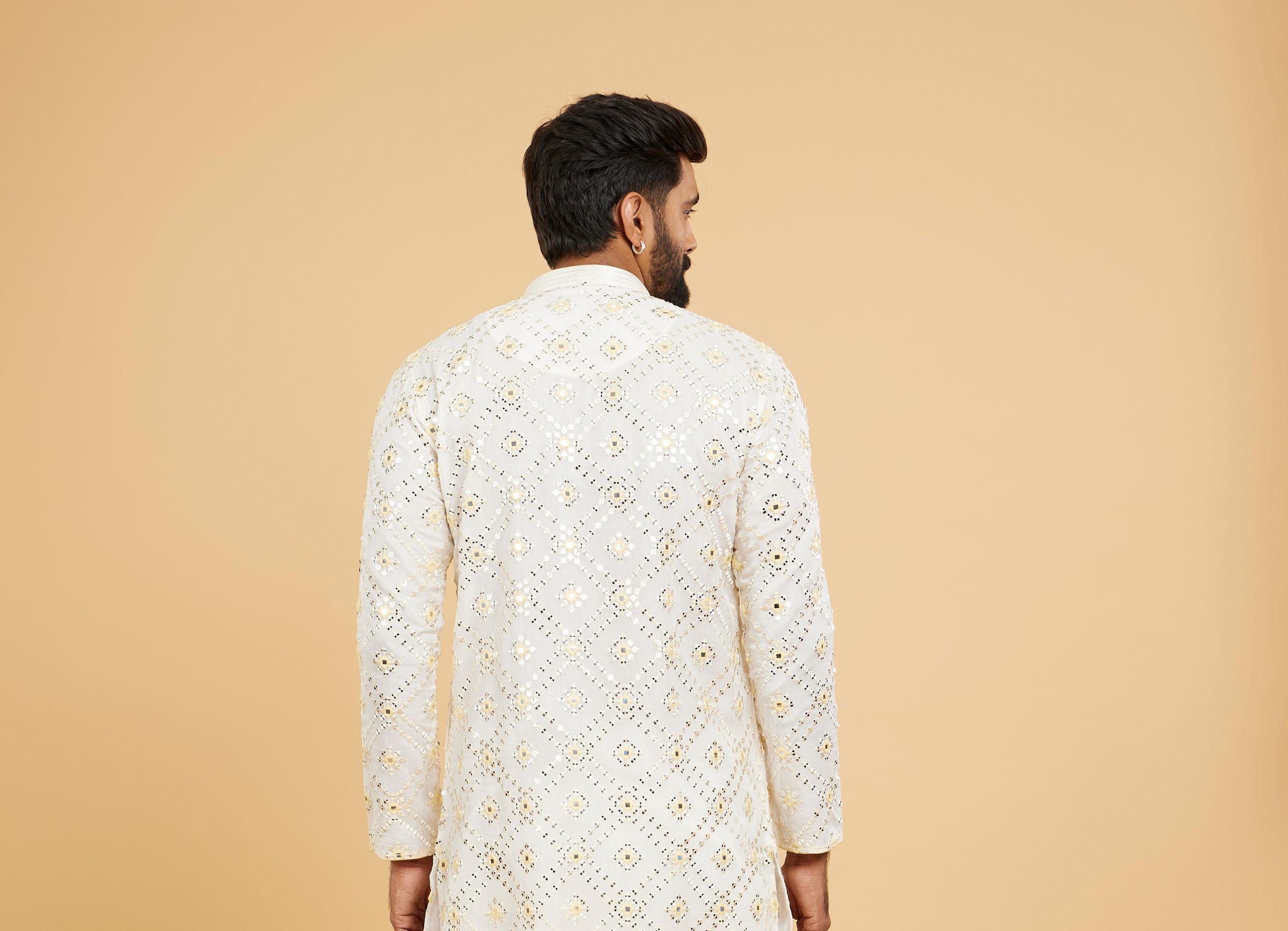 Twamev Men Ethereal Cream and Yellow Organza Kurta Pajama