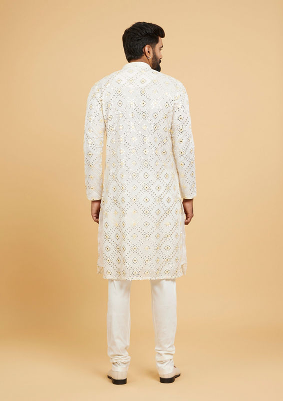 Twamev Men Ethereal Cream and Yellow Organza Kurta Pajama