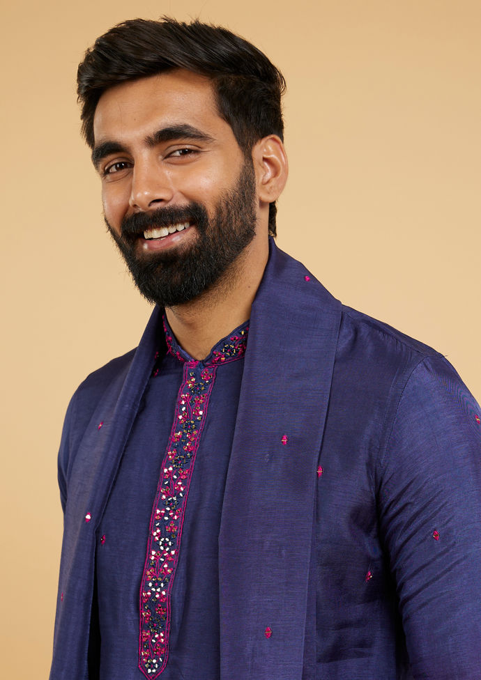 Twamev Men Royal Blue and Rani Pink Kurta Set with Dupatta