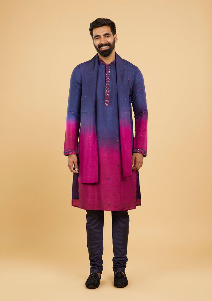 Twamev Men Royal Blue and Rani Pink Kurta Set with Dupatta