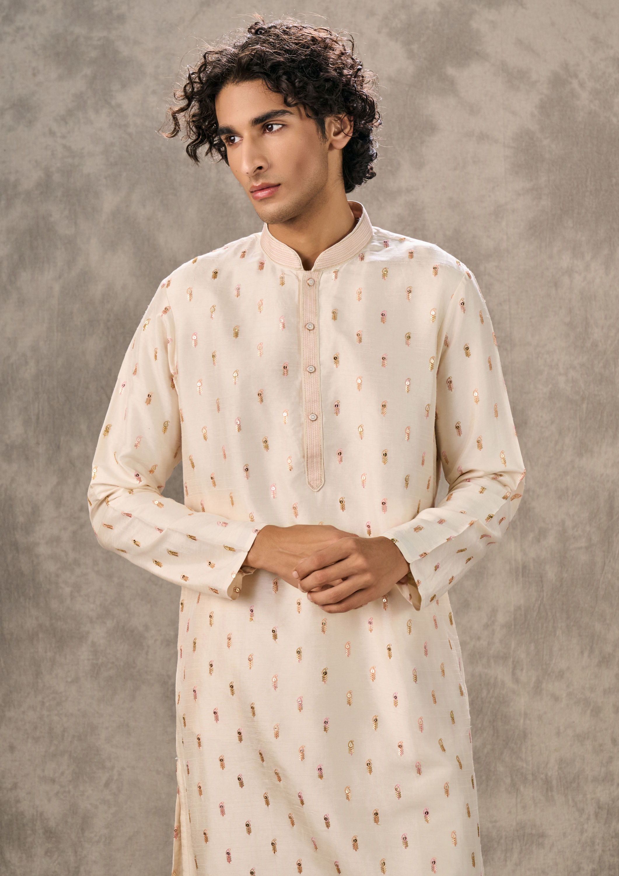 Twamev Men Ivory Silk Zardozi Embroidered Kurta Set