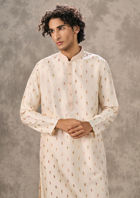 Twamev Men Ivory Silk Zardozi Embroidered Kurta Set