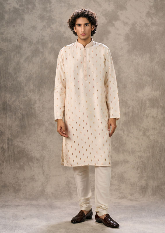 Twamev Men Ivory Silk Zardozi Embroidered Kurta Set